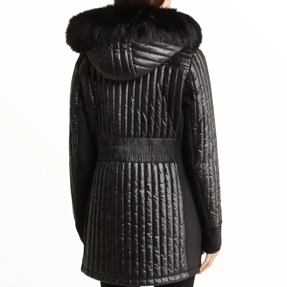 MICHAEL KORS Black Water Resistant Quilted Faux Fur Hood Jacket NWT Size S